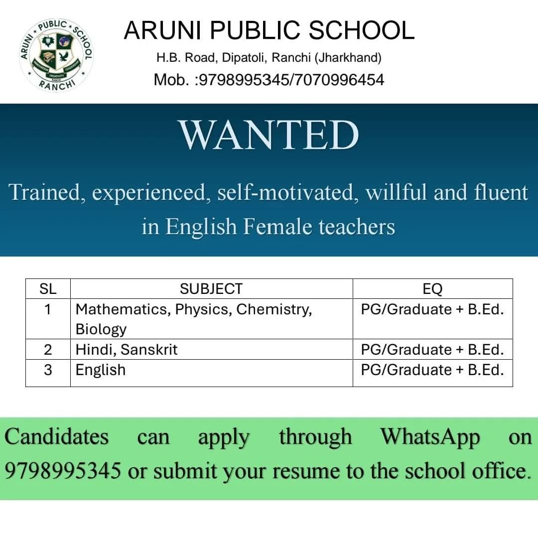 School Jobs at  Aruni Public School ,  Ranchi